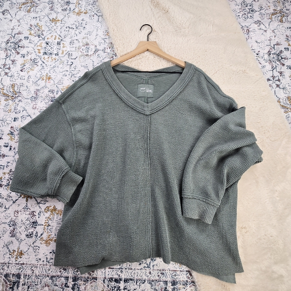 Aerie Ribbed Green V-Neck Pullover Oversized Sweatshirt XL